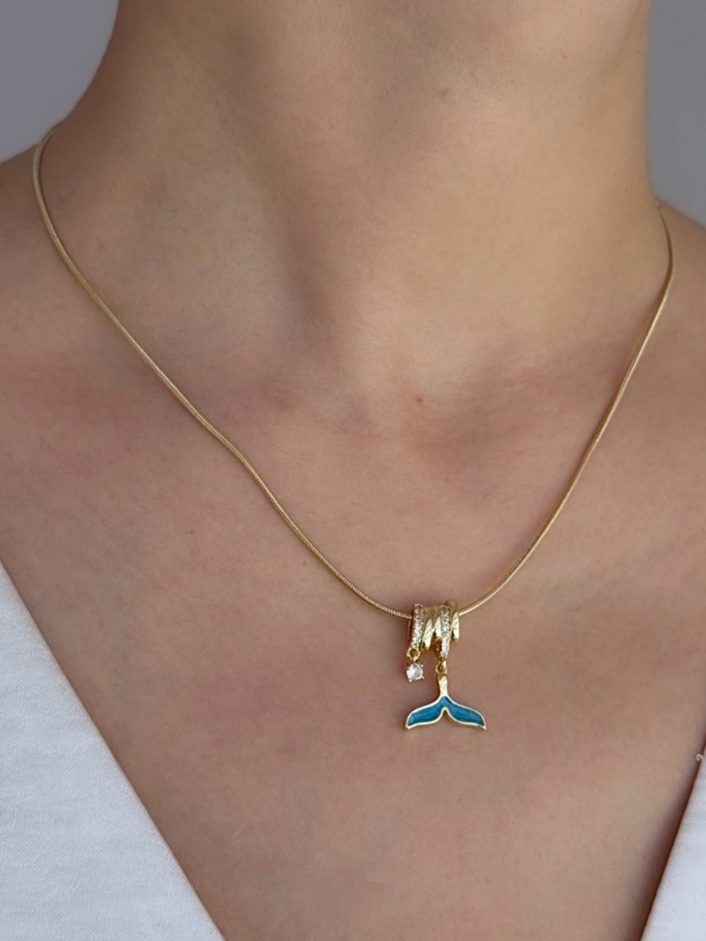 14K Gold Plated Whale Tail Necklace with Blue Enamel & Sparkling Zircon Charms - Picture 2 of 11